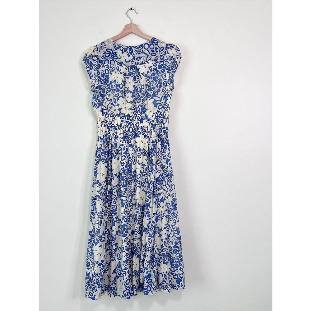 Current Air Blue White Floral Balloon Hem Midi Dress Smocked Waist Pockets Sz M - Picture 6 of 12